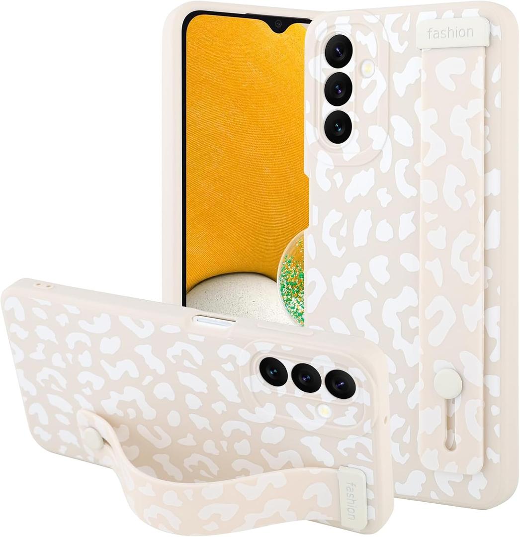 OOK Compatible with Samsung Galaxy A13 5G Leopard Case with Wrist Strap, White Leopard Cheetah Cheetah TPU Shockproof Protection Slim Cover with Camera Protection for Women Girls