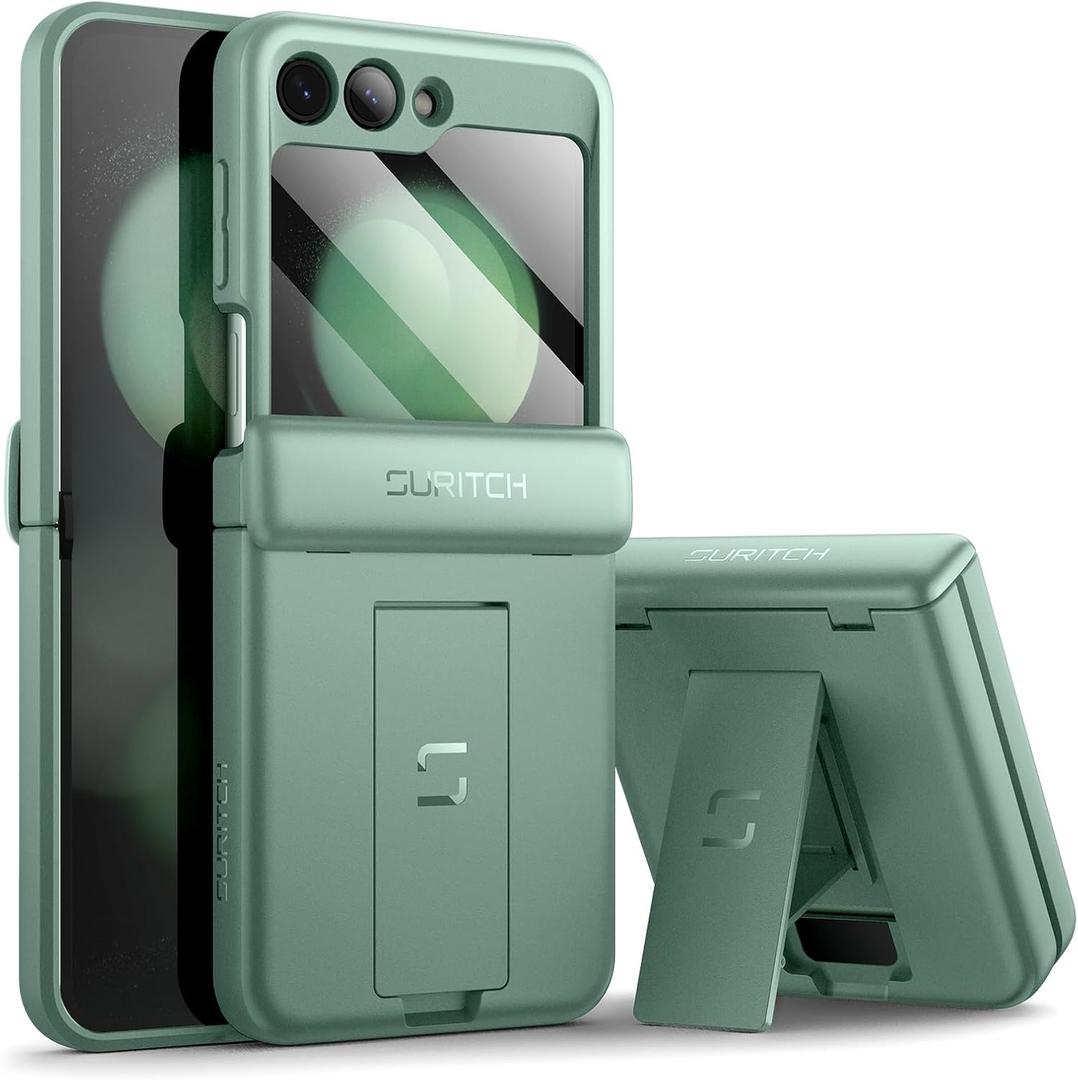 SURITCH for Samsung Galaxy Z Flip 5 Case with Built-in Screen Protector & Kickstand & Hinge Protection, Full-Body Shockproof Protective Cover for Z Flip 5 (2023) -(Matcha Green)