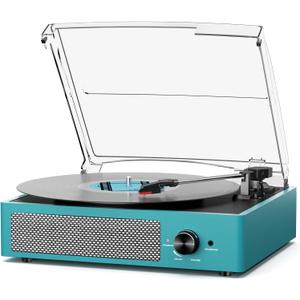 Record Player for Vinyl with 2 Build-in Speakers LP Vinyl Players Belt-Driven Vintage Turntables 3 Speed 3 Size, Wireless Bluetooth Playback, AUX-in, RCA Out, Headphone, Auto Stop Sea Blue (Cyan)