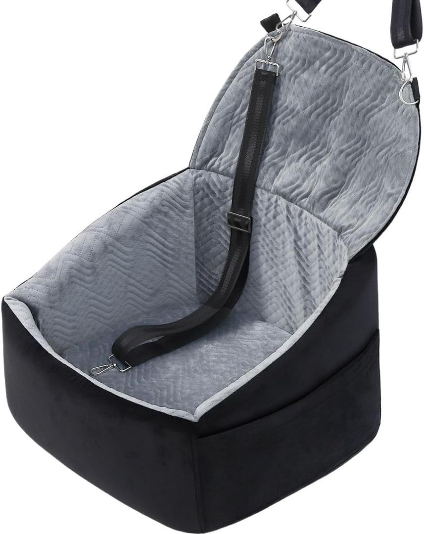 Dog Car Seat for Small Dogs, Dog Booster Seat with Extendable Backrest, Pet Car Seats up to 30 lbs, Washable Removable Cover Travel Bed with Storage Pockets and 2 Safety Leashes, Black&Grey