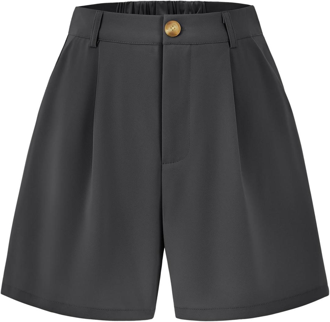 KIRUNDO Shorts for Women Dressy Casual Summer Elastic Waist in the Back Pleated Wide Leg Tailored Work Trouser Shorts (Small, Dark Grey)