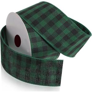 15 Yard Plaid Check Wired Edge Ribbon Buffalo Plaid Ribbon Burlap Ribbon for Christmas Big Bow Wreath Tree Decoration Outdoor Decoration (Black Green, 2.5 Inch Wide)