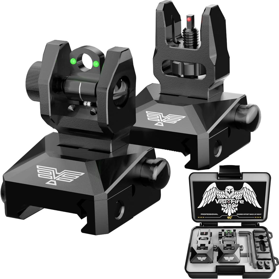 Fiber Optic Iron Sights for Picatinny Rail | Flip Up Front and Rear Backup Sights with Red Green Dots | Tool-Free Ajustable Rear Flip Up Sights | Pop Up Fiber Optic Sights Rapid Transition