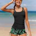Girls Tankini Swimsuit 2 Piece Bathing Suits for Girls Square Collar Swim Tank Top and Drawstring Bottoms for 15-16Y, Black+Green