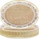 50Pcs Burlap and Lace Oval Paper Plates 10" x 12" Large Disposable Heavy Duty Brown Burlap Paper Platters White Lace Dessert Plates for Rustic Bridal Shower Wedding Birthday Party Supplies