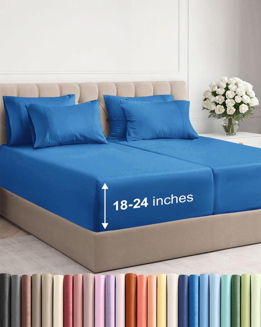 Extra Deep Split King Sheet Set - 7 Piece Breathable and Cooling Sheets - Hotel Luxury Bedding for Women, Men, Kids & Teens - Easy Secure Fit - Soft & Wrinkle Free - Extra Deep Pockets - Royal Blue