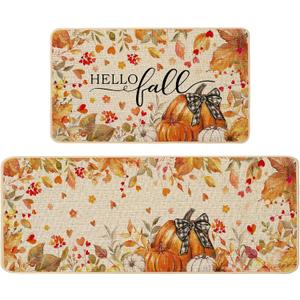 Baccessor Pumpkin Fall Kitchen Mats Set of 2, Pumpkin Floral Leaves Kitchen Rugs for Floor Low-Profile Farmhouse Fall Thanksgiving Home Decor 17x29 and 17x47 Inch