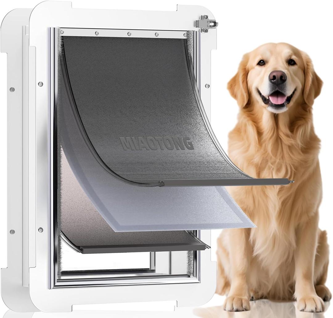 3-Flap Steel Large Dog Door for Exterior Doors with Sliding Lock Panel, Energy-Efficient Insulated Pet Door, Extreme Weather Doggy Door with Telescoping Tunnel, Never RustPets Up to 100 Lb