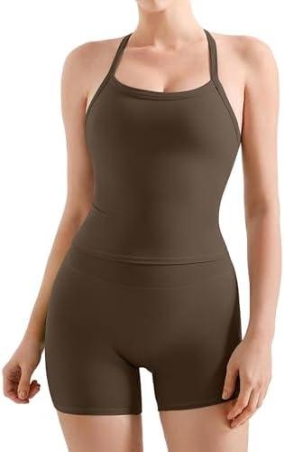 SUUKSESS Women 2 Piece Workout Sets High Waisted Tummy Control Biker Shorts Halter Padded Tank Tops L