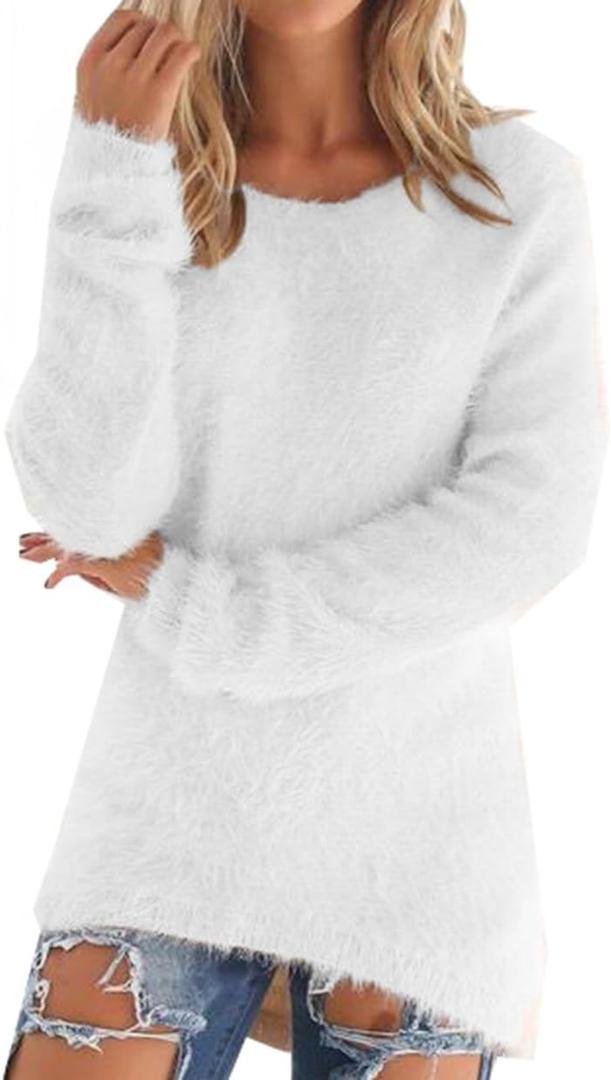 LemonGirl Women's Fashionable Long Sleeve Pullovers Loose Fluffy Fuzzy Jumper Sweater (X-Large, White)