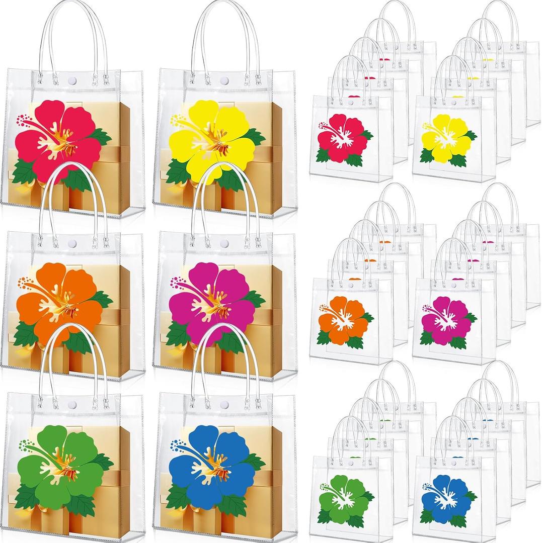 Wesnoy 24 Pcs Hawaiian Luna Gift Bags with Handles Clear Hibiscus Party Favor Bags Tropical Goodie Bag Summer Party Supplies for Aloha Tiki Birthday Decorations, 7.9'' x 7.9'' x 3.2''