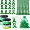 66 Pcs Mental Health Awareness Gifts Bulk Green Ribbon Awareness Bracelet Wristbands Bead Necklaces Stickers Organza Bags Set for Mental Health Month Favors Charity Event Party Supplies