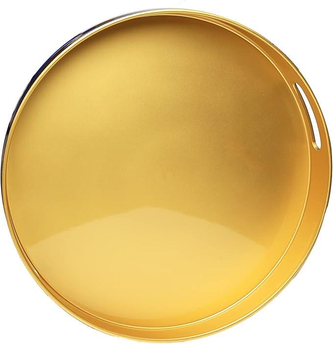 Spsyrine Round Gold Decorative Tray, 13" Plastic Serving Table Tray with Handles for Ottoman, Coffee Table, Bathroom, Kitchen, Living Room