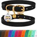 BRONZEDOG Leather Cat Collar with Removable Bells Non Breakaway Kitten QR Tag for Girl Boy (7" - 9" for Cats, Black & Gold)