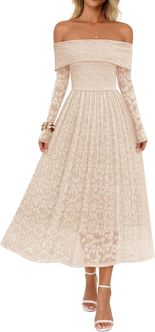 MEROKEETY Women's 2025 Fall Long Sleeve Floral Midi Dress Off Shoulder Wedding Guest Formal Long Flowy Dresses (Beige, S)