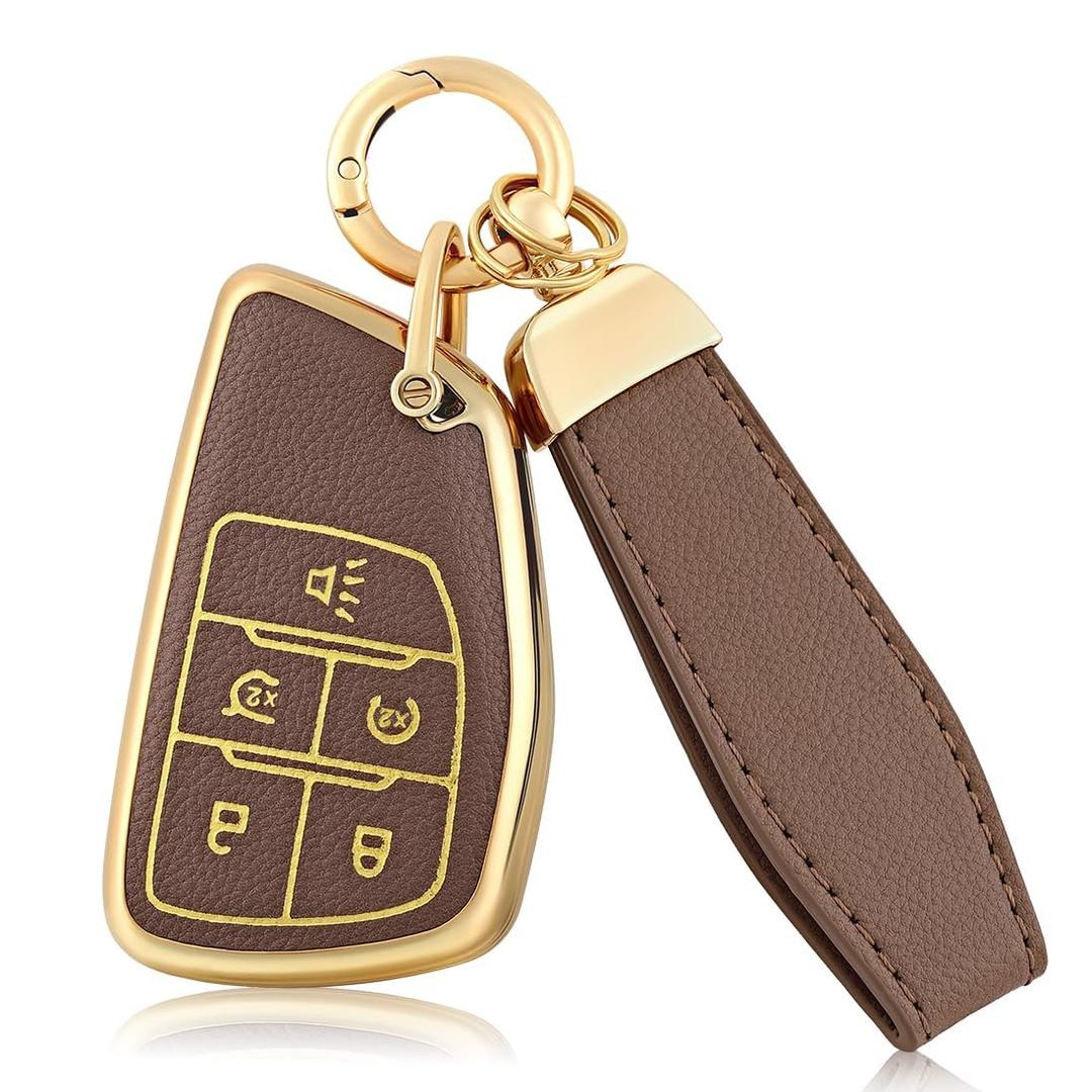 EnerCharge TPU and Leather Key Fob Cover Fit for Chevy/GMC Key Fob Cover, Key Cover Case Suitable for 2021 2022 2023 2024 2025 Silverado 5-Buttons (White)