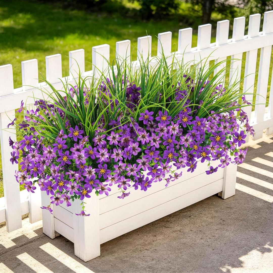 Artificial Flowers,14 Bundles UV Resistant Fake Flowers Daisy with Greenery Plants Wheat grass,Faux Outdoor Flowers for Spring Summer Decoration, Outdoor Faux Plants Home Window Porch Patio Yard