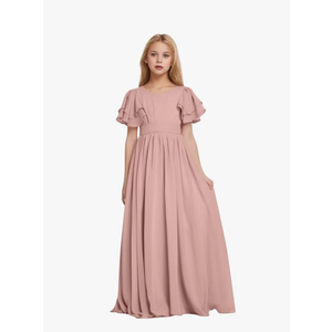 Flower Girl Dress A-Line Flowy Junior Bridesmaid Dresses Ruffle Sleeve Chiffon Maxi Formal Evening Belt L