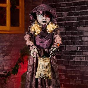 Halloween Animatronics 4ft Creepy Two-Face Doll, Animated 48" Decorations with Candy Bag, Sound Activated, Speak, Light Up Eyes, Scary Move, Haunted House Holiday Decor Horror Prop for Indoor, Outdoor