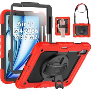 SEYMAC Case for iPad Air 11 Inch M4 / M3 / M2 (2026/2025 / 2024), Heavy Duty Shockproof Protective Case with Screen Protector, 360 Rotating Stand and Hand/Shoulder Strap, Red