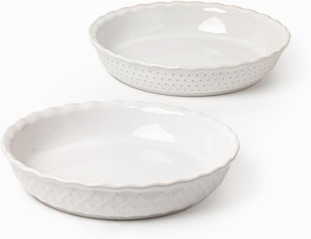 FOBENTA Ceramic Pie Dish Set of 2,9 Inch Deep Baking Dishes, 36oz Each,Embossed Floral & Dotted Pattern Pie Plates,Oven, Microwave & Dishwasher SafeElegant Kitchen Gift Set