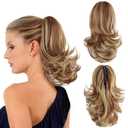 Ponytail Extension, Short Claw Clip in Ponytail Curly Pony Tails Hair Extensions Natural Looking Soft Synthetic Hair Ponytail for Women (Light Brown Mix Natural Blonde) 12 Inch