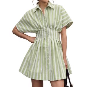 MISSACTIVER Women Pleated Button Down Shirt Dress Short Sleeve Striped Corset Mini Dresses Casual Summer Short Dress M