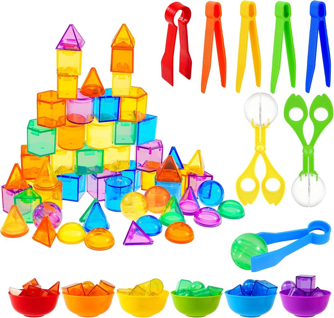 Bbiamsleep 76 Pcs Counting 3D Geometric Solids Colorful Plastic Geometric Shape Light Table Manipulative Counting Sorting Sensory Bin Filler Fine Motor Skills for Light Table Sorting Counting Training