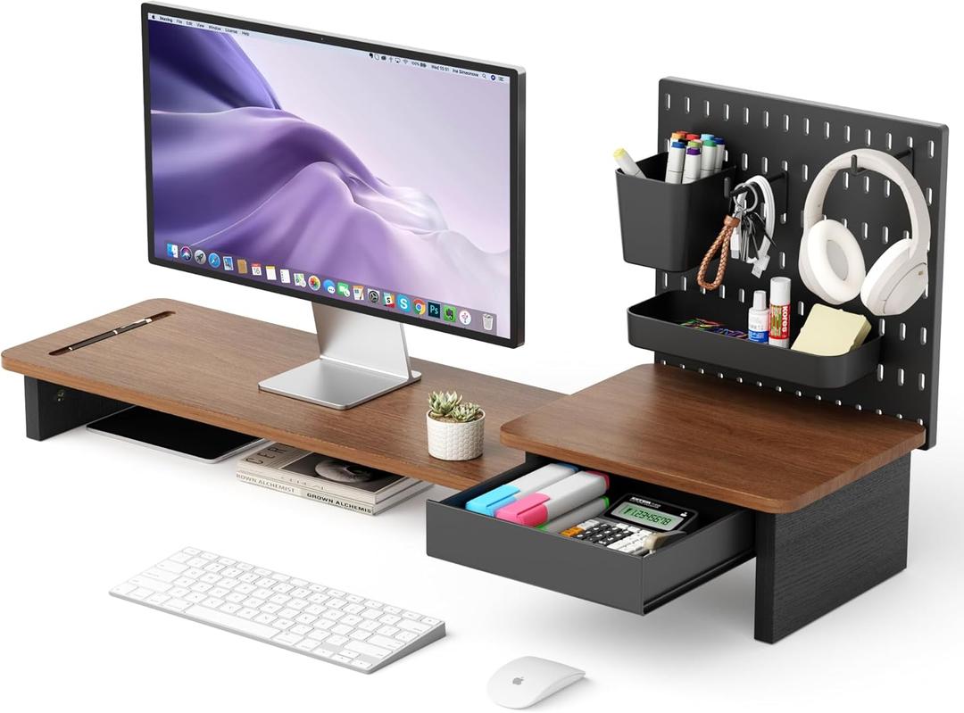 AFOOYO Monitor Stand Riser,Computer Monitor Stand with DIY Pegboard and drawer for Laptop,PC,Computer,Printer,Walnut Finish