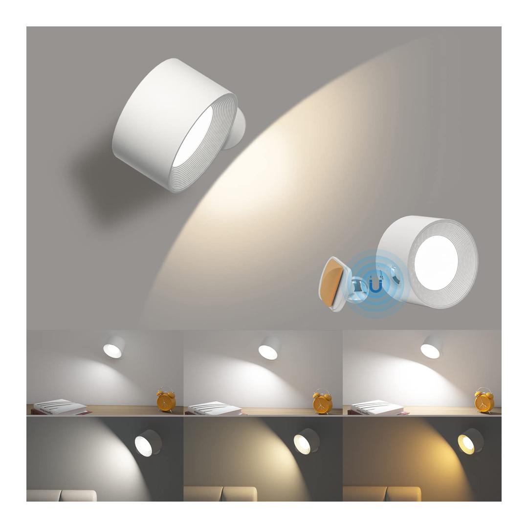 Battery Operated Wall Light, LED Lamp with 360°Adjustable Lighting Indoor Light 3 Color Modes Brightness Levels Touch Control, Mounted for Bedroom Reading Bedside-1Pack White