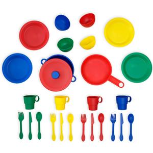 KidKraft 27-Piece Primary Colored Cookware Set, Plastic Dishes and Utensils for Play Kitchens, Gift for Ages 18 mo+