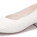 FUNKYMONEKY Women's Knit Chunky Low Heel Pumps Comfort Round Closed Toe Casual Dress Shoes (5.5, White)