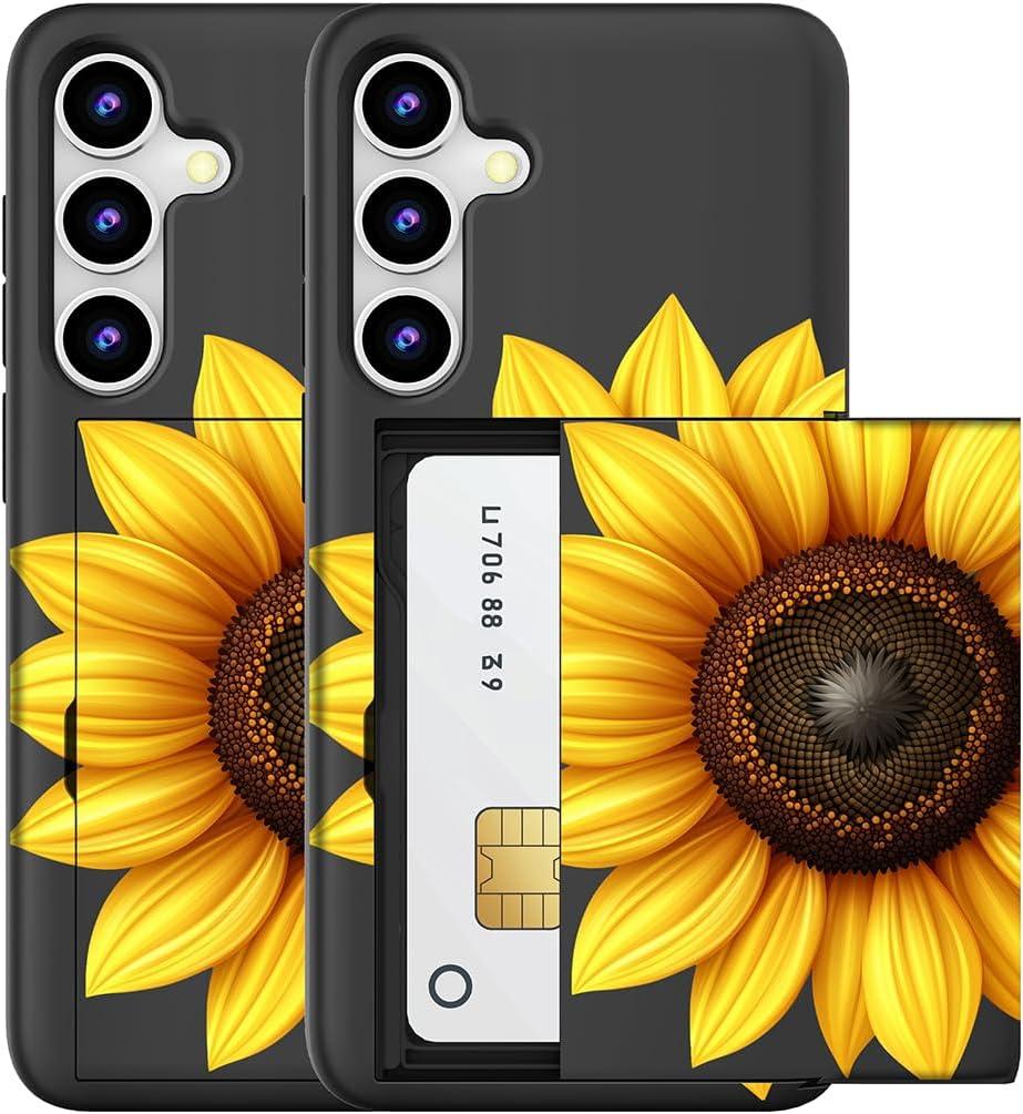 Compatible for Samsung Galaxy S23+ Plus Case with Card Holder Cute - Kawaii Design Military-Grade Drop Protection Rugged Wallet Cases for Women (Black Yellow Sunflower Art)