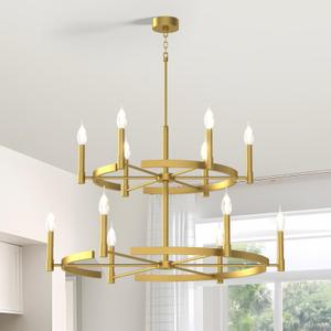 AUNLPB 40 Inch Metal Round Gold Wagon Wheel Chandelier - 12 Lights, Modern Farmhouse Style for Entryway, Foyer, Stairway, Hallway