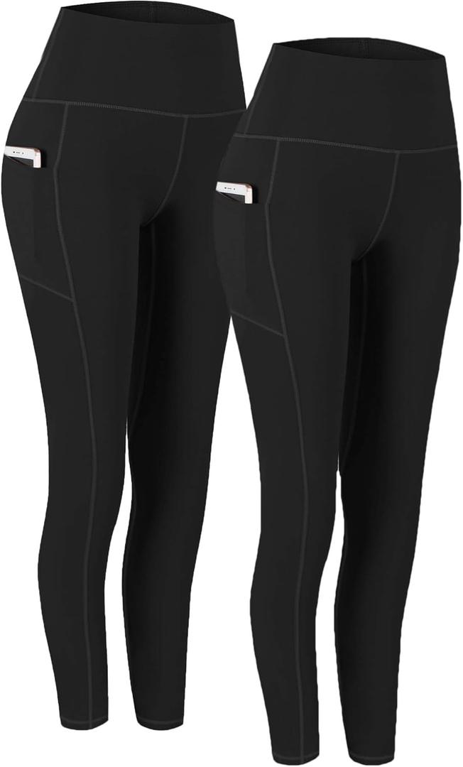 Fengbay 2 Pack High Waist Yoga Pants with Pockets, Tummy Control Workout Running Yoga Leggings for Women (Medium, Black & Black)