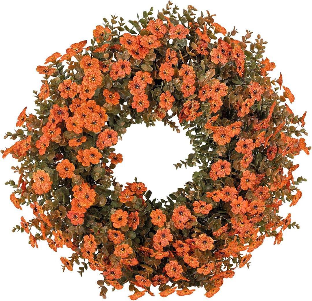 26 Inch Fall Wreath for Front Door, Autumn Harvest Wreaths with Eucalyptus Leaves, Orange Mums, Artificial Wreath for Indoor Outdoor Porch Home Thanksgiving Farmhouse Decorations