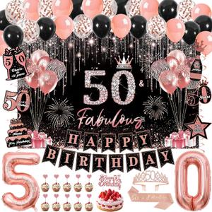 50th Birthday Decorations for Women, 50pcs Rose Gold Black 50th Birthday Decorations for Her with Banner Crown Sash Backdrop Cake Topper Balloons Hanging Swirl for 50 Years Old Birthday Party Supplies