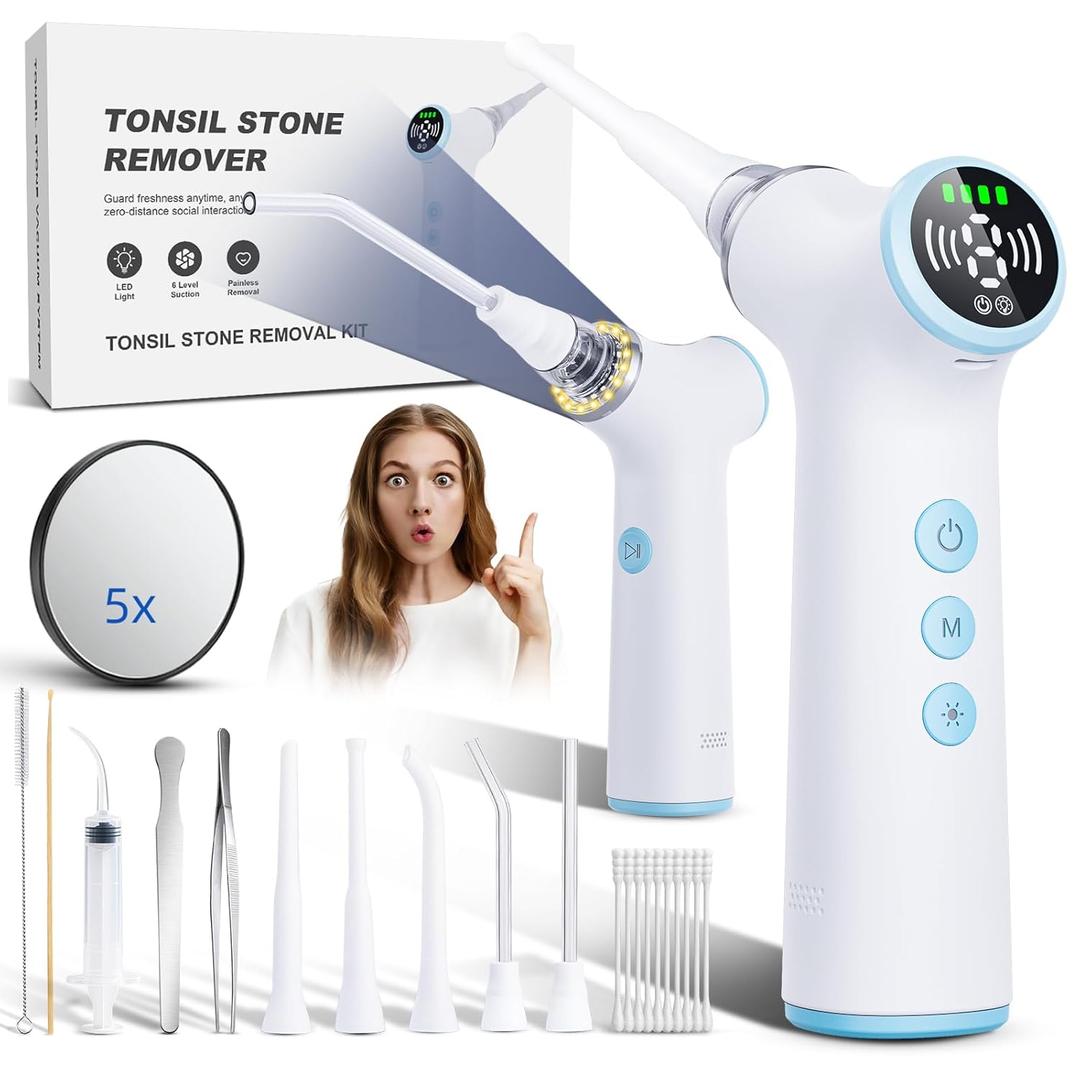 Electric Tonsil Stone Remover Vacuum  8 Suction Levels with LED Light, Safety Pause Button & Oral Protection | High-Precision Tonsil Stone Removal Kit with 13 Attachments for Painless Cleaning (White)