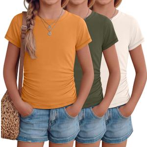 3 Pack Girls Short Sleeve T Shirts Crewneck Slim Fit Tees Ruched Side Summer Basic Tops for Kids 5-14 Years