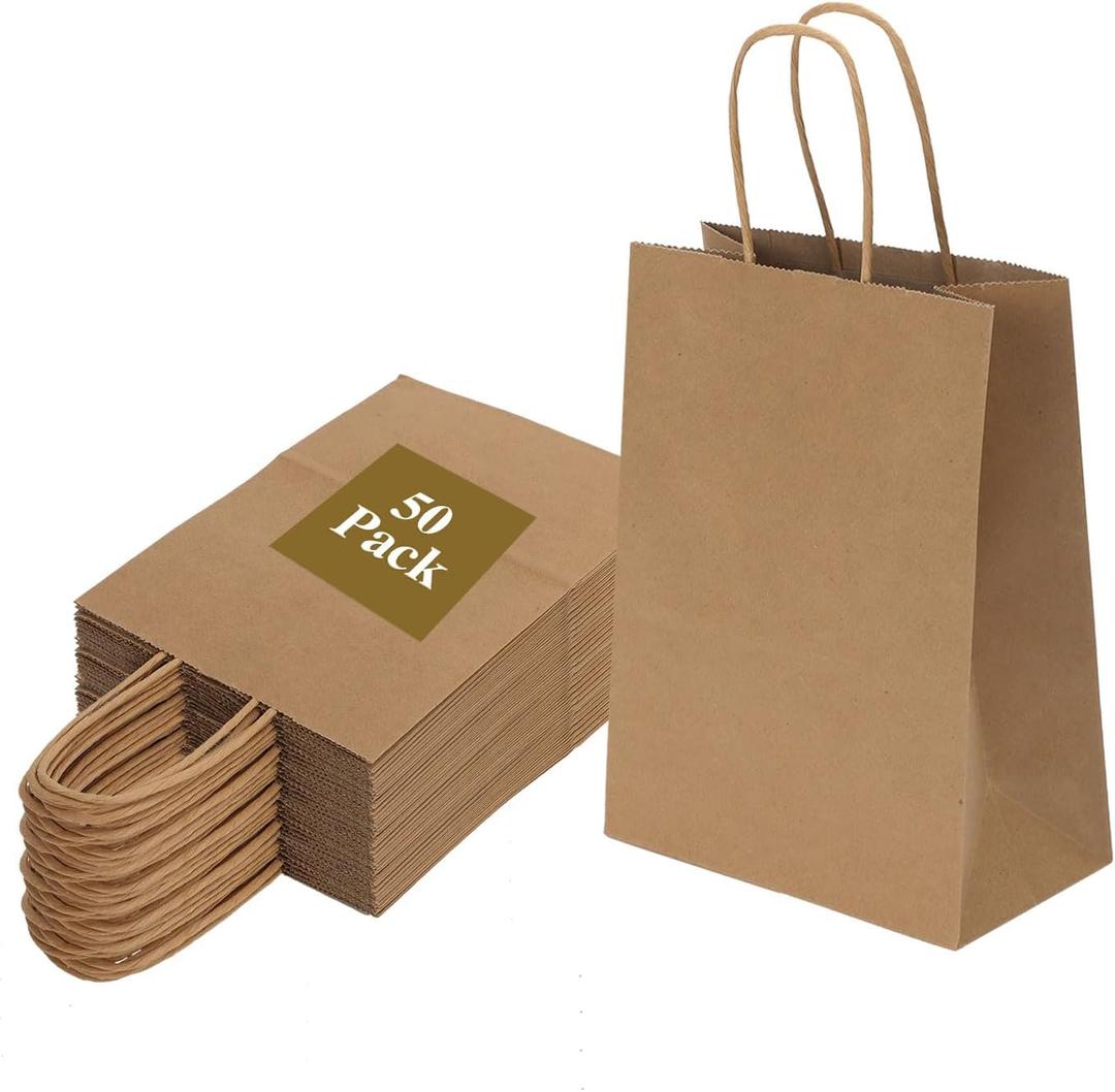 Joybe 50 Pack 5.95x3.25x8 Inch Small Brown Paper Bags with Handles Bulk, Kraft Paper Gift Bags for Birthday Party Favors Grocery Retail Shopping Business Goody Craft Sacks (Plain Natural, 50pcs)