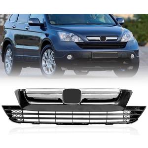 Upper Lower Bumper Grille Compatible for 2007 2008 2009 Honda CRV Glossy Black Mesh Grill