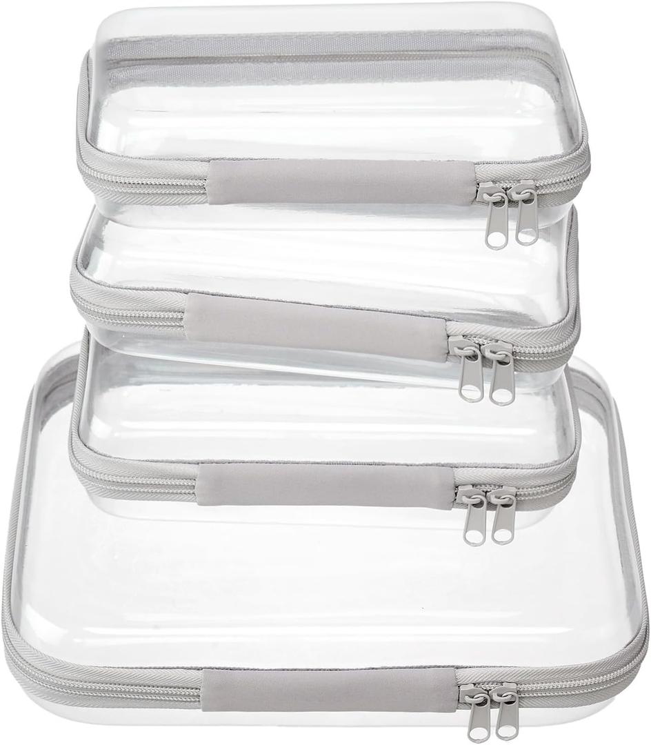 4 pcs Clear Zipper Pouches,Hard Shell Zipper Case, Toiletry Bag for Travel, CLear Diaper Bag, Toiletry Pouch, Travel Organizer, Cosmetic Bag,Toy Storage Bins (M+3S) (Gray)