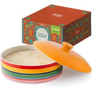 Ceramic Tortilla Warmer With Lid, Colorful Holder, Rainbow Storage Container for Roti, Pancakes (10-Inch, 25.4 cm)