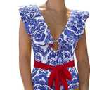 SPORLIKE Women One Piece Swimsuit V-Neck Ruffle Bathing Suit Padded Monokini (Small, Blue Print)