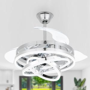 42 Inch Retractable Ceiling Fan, Modern Ceiling Fans with Lights and Remote, Silent DC Motor Color Changing, Chrome Retractable Chandelier Ceiling Fan with Lights for Bedroom (Silver)