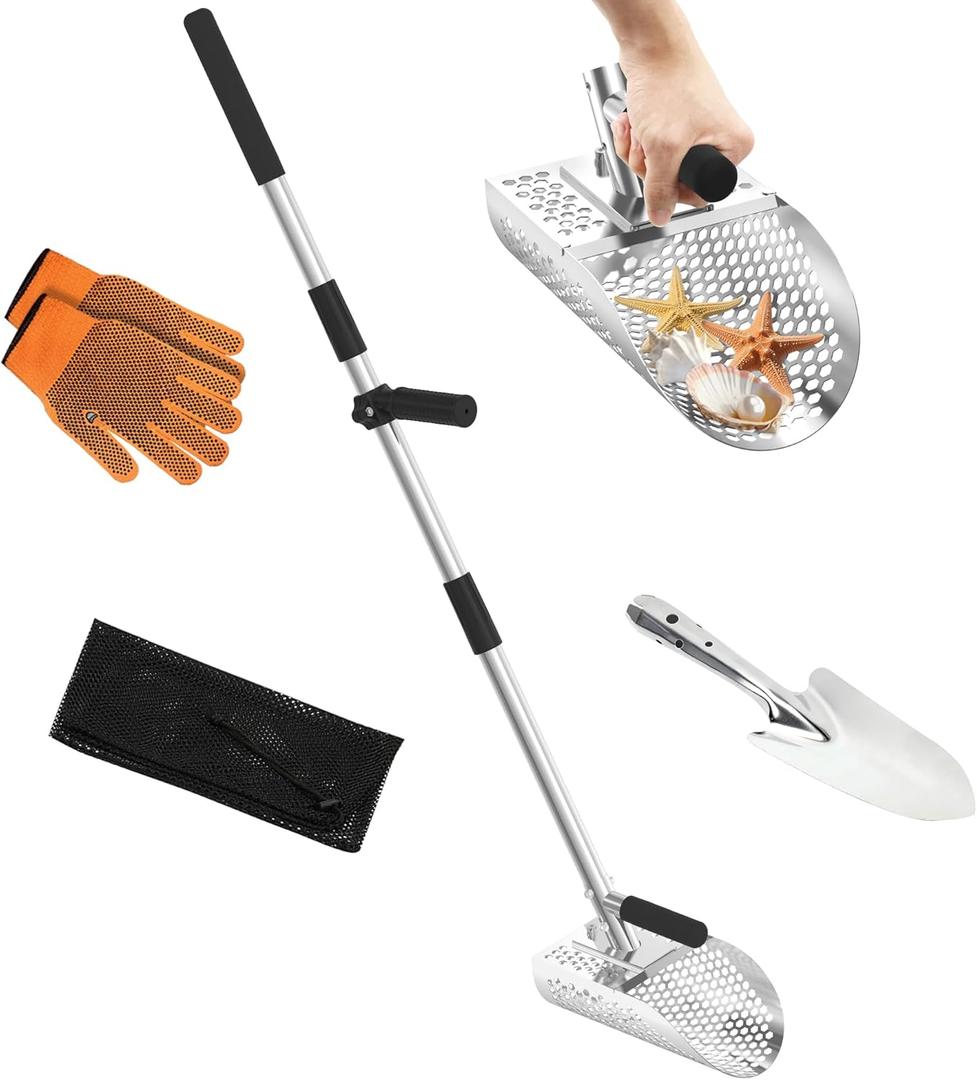 Sand Scoop for Metal Detecting, Metal Detector Sand Shovel Accessories for Beach, Stainless Steel Sand Sifter Digging Tool, Long Handle Fast Sand Sifting Flea Rake for Underwater Treasure Hunting (45")