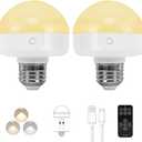 BLUEYE Rechargeable Light Bulbs,7W,350LM,40W Equivalent,Remote Control,E26 Detachable Charging,3 Color Temperatures,Battery Operated Puck Emergency Lamp,Timer,Dimmer,for Non-Hardwired,2Packs