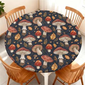 Round Fitted Tablecloth with Elastic Edge, Waterproof Stain Resistant Fabric Table Cover for 49"-52" Round Table, Indoor Outdoor Dining, Kitchen Decor, Camping, Party, Holiday, Mushroom
