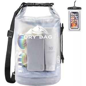 HEETA Dry Bag Waterproof for Women Men, Roll Top Lightweight Dry Storage Bag Backpack with Phone Case for Travel Swimming Boating Kayaking Paddle Board Camping Beach Accessories (White, 5L)