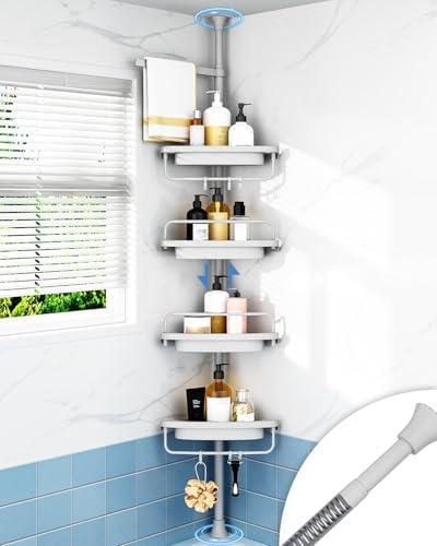 ALLZONE Rustproof Shower Caddy Corner for Bathroom,Bathtub Storage Organizer for Shampoo Accessories,4-Tier Adjustable Shelves with Tension Pole, 34 to 116 Inch, Grey